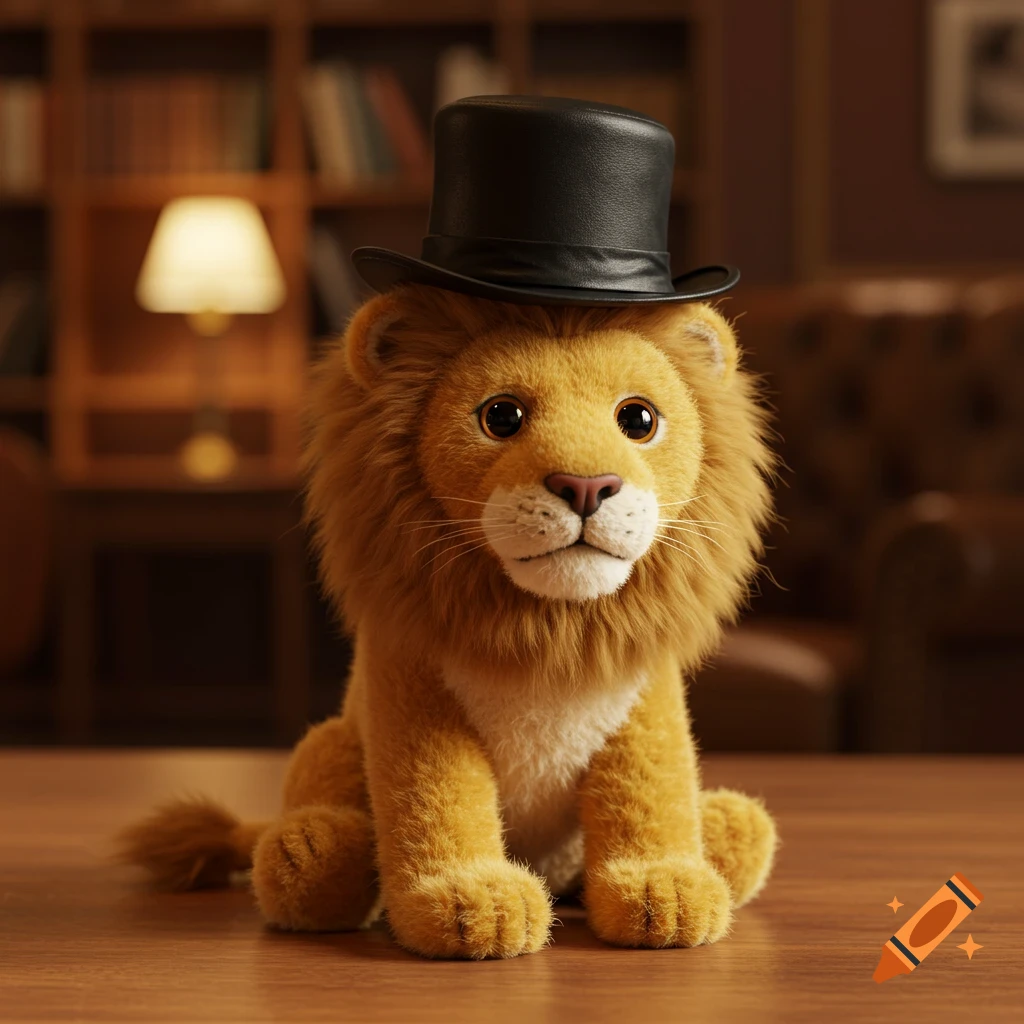 A cute plush toy lion wearing a black top hat sits on a wooden table in a room with a bookshelf and lamp.