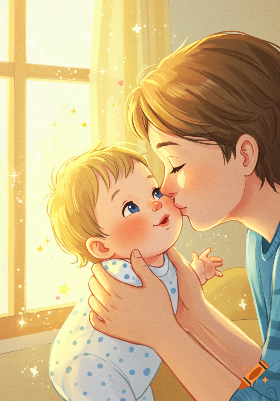 A warm, soft children's illustration of a parent gently kissing a smiling baby's cheek by a sunny window.
