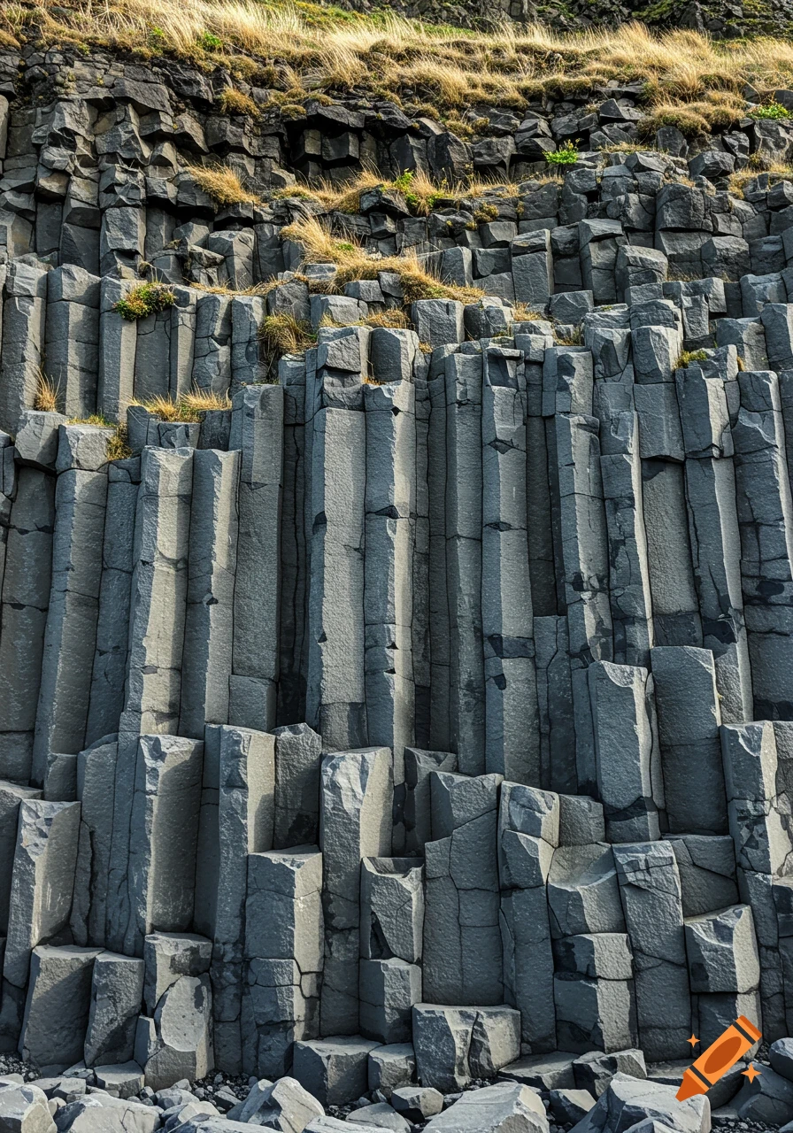 Steep cliff of grey volcanic basalt columns with hexagonal and polygonal shapes, some fractured, and sparse dry grass.