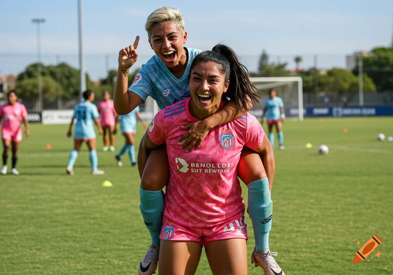 Two smiling women soccer players, one giving a piggyback ride to the other on a sunny green field.