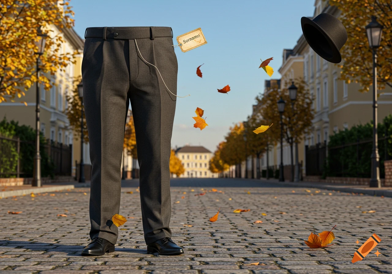 A pair of gray trousers and black shoes stand on a cobblestone street, with a black hat and autumn leaves floating in a surreal autumn scene.