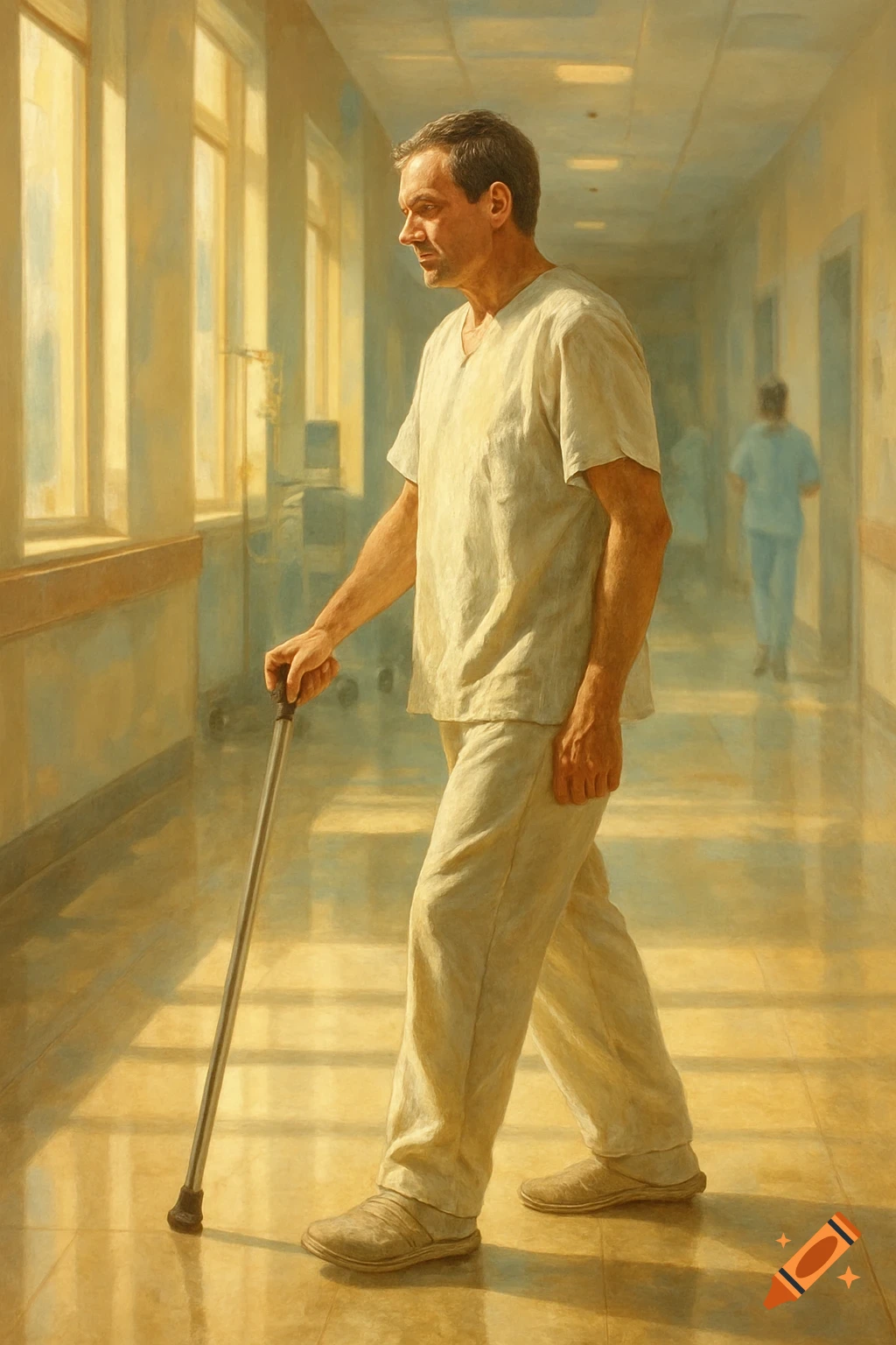 A painting of a male patient in a light gown, using a cane to walk down a sunlit hospital hallway.