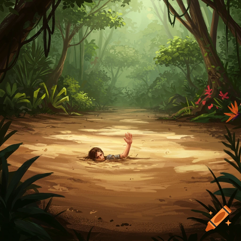 An illustrated image of a person sinking in quicksand in a lush green jungle, reaching out with one hand.