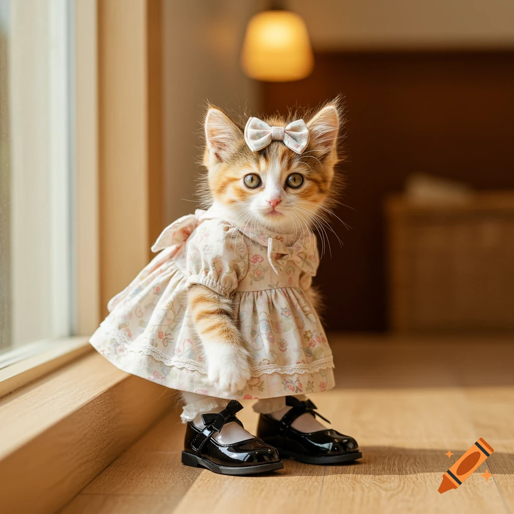 A cute calico kitten with a bow on its head, wearing a floral dress and black Mary Jane shoes, standing on a wooden floor.