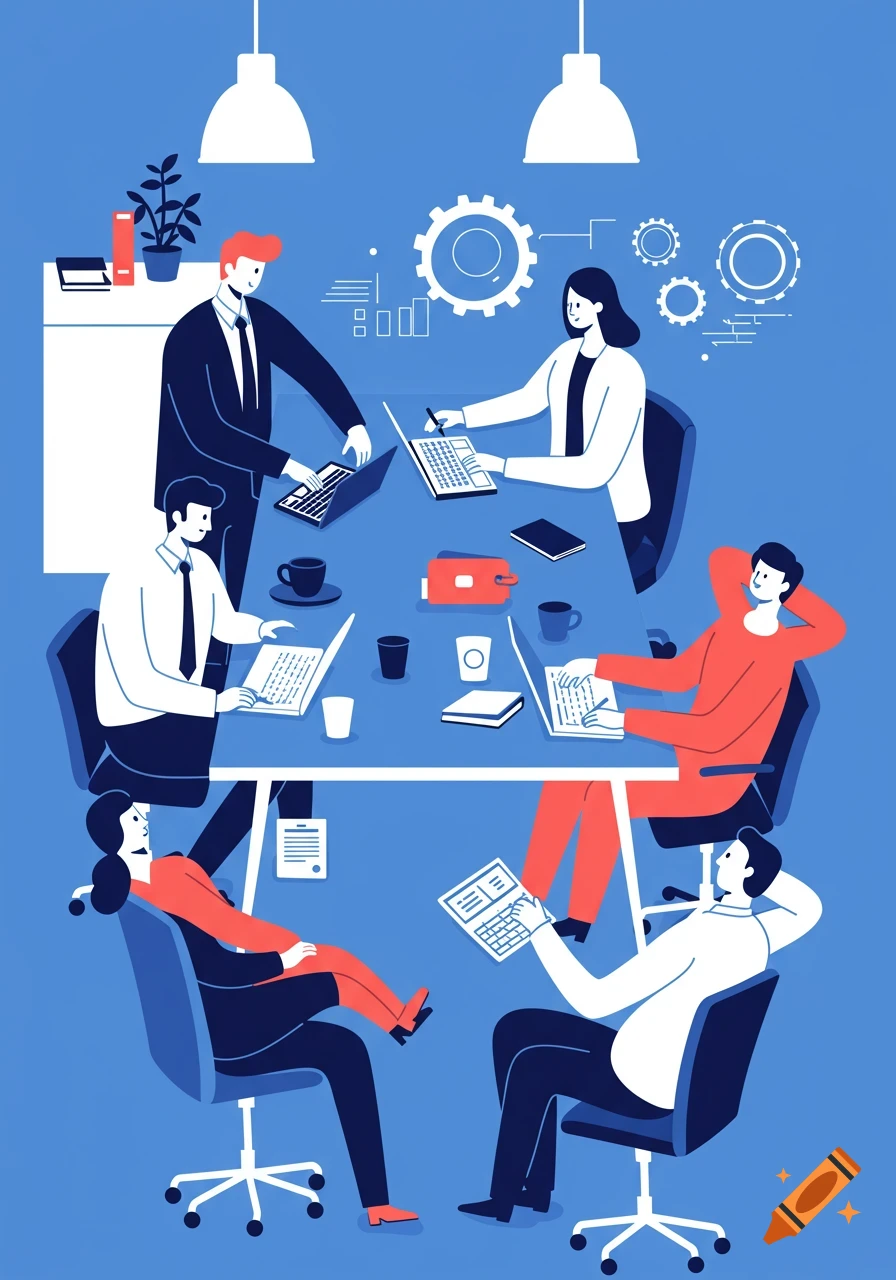 Flat illustration of a business team working on laptops around a table, one member relaxing in their chair, against a blue background.