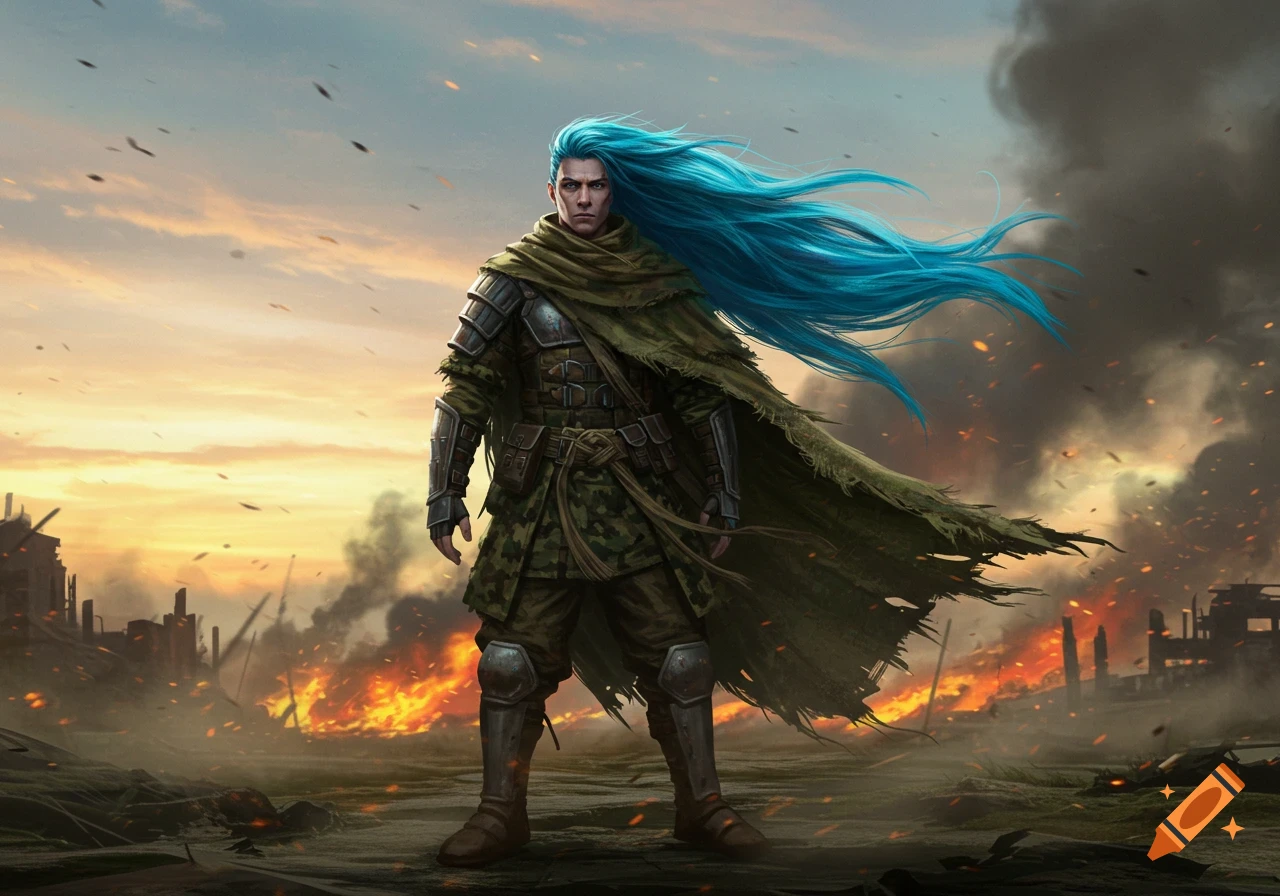 A male warrior with long blue hair and a camo outfit stands in a fiery, war-torn landscape, digital art.