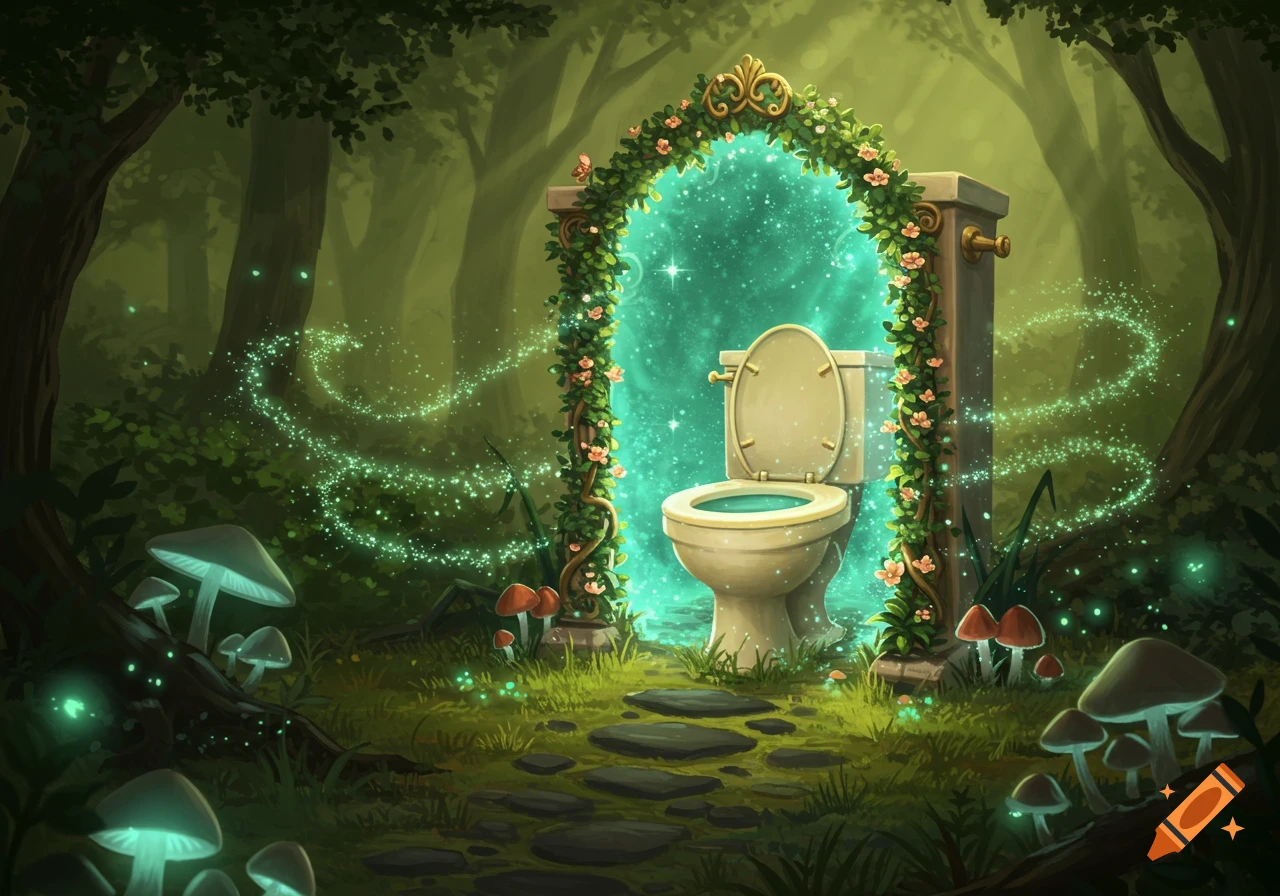 A whimsical toilet sits in a glowing portal within a magical forest, surrounded by glowing mushrooms and sparkling light.