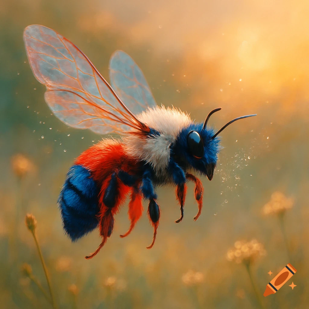 A fuzzy red, white, and blue striped bee with translucent wings flies against a blurred, warm-toned field background.