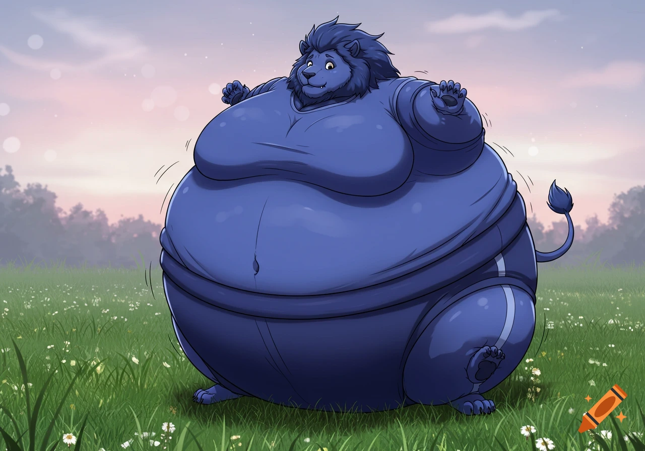 A gigantic, rotund blue lion inflated like a blueberry stands in a grassy field under a pink and blue sky in a cartoon style.
