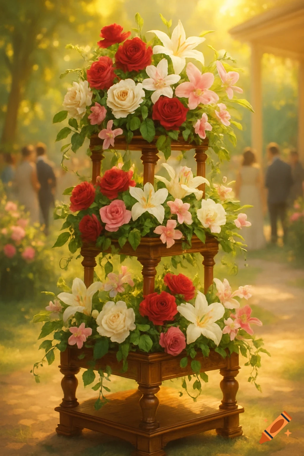 A tiered wooden stand overflowing with red, white, and pink roses and lilies, set in a sunny outdoor garden during an event.