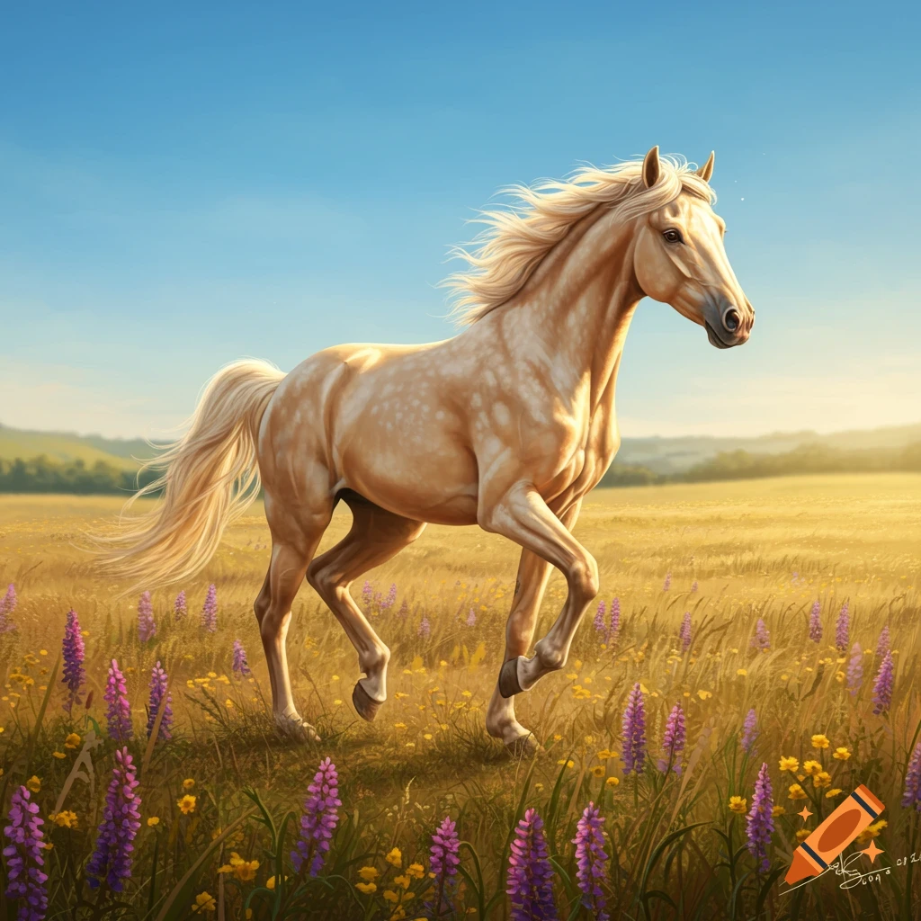 Palomino horse with a flowing mane trots through a sunny field of purple and yellow wildflowers under a clear blue sky.