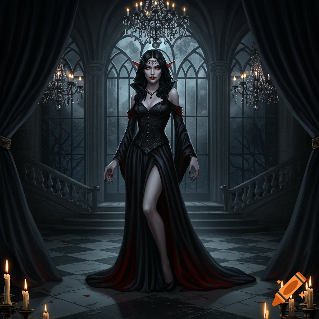 A gothic female vampire with red eyes and pointed ears in a black and red gown, standing in a dark, ornate hall with chandeliers.