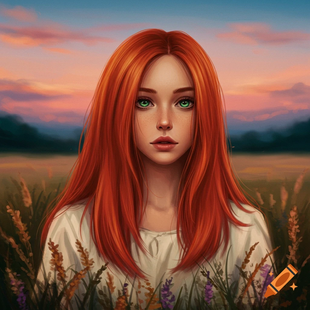 A digital painting of a redheaded woman with green eyes, standing in a field at sunset.