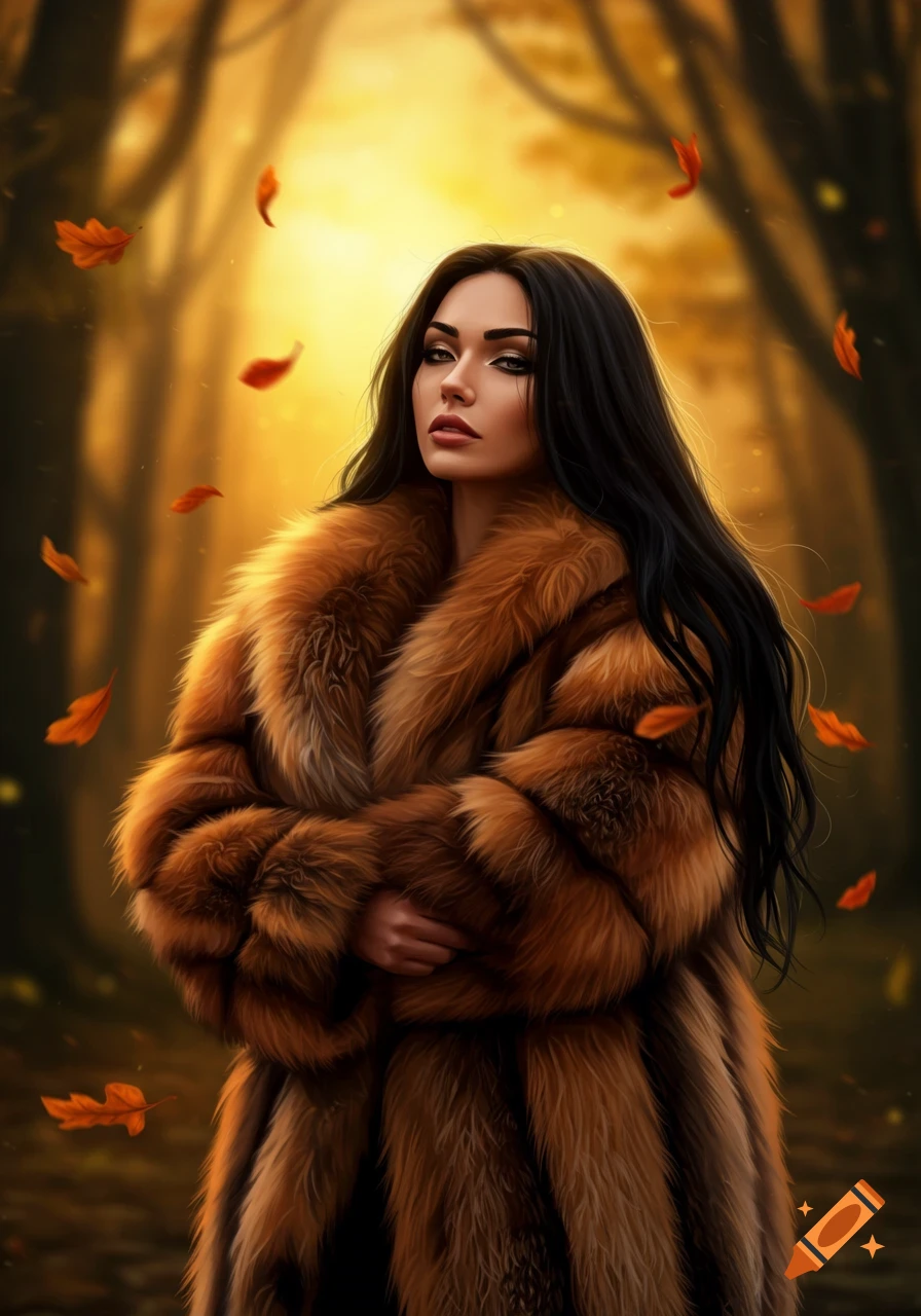 Woman with long black hair wearing a brown fur coat in a golden autumn forest with falling leaves.