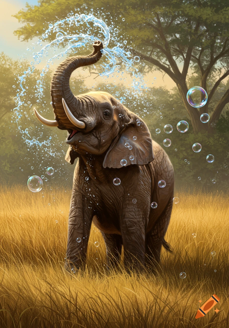 Digital painting of an elephant spraying water from its trunk, with bubbles floating around, in a sunny savanna.