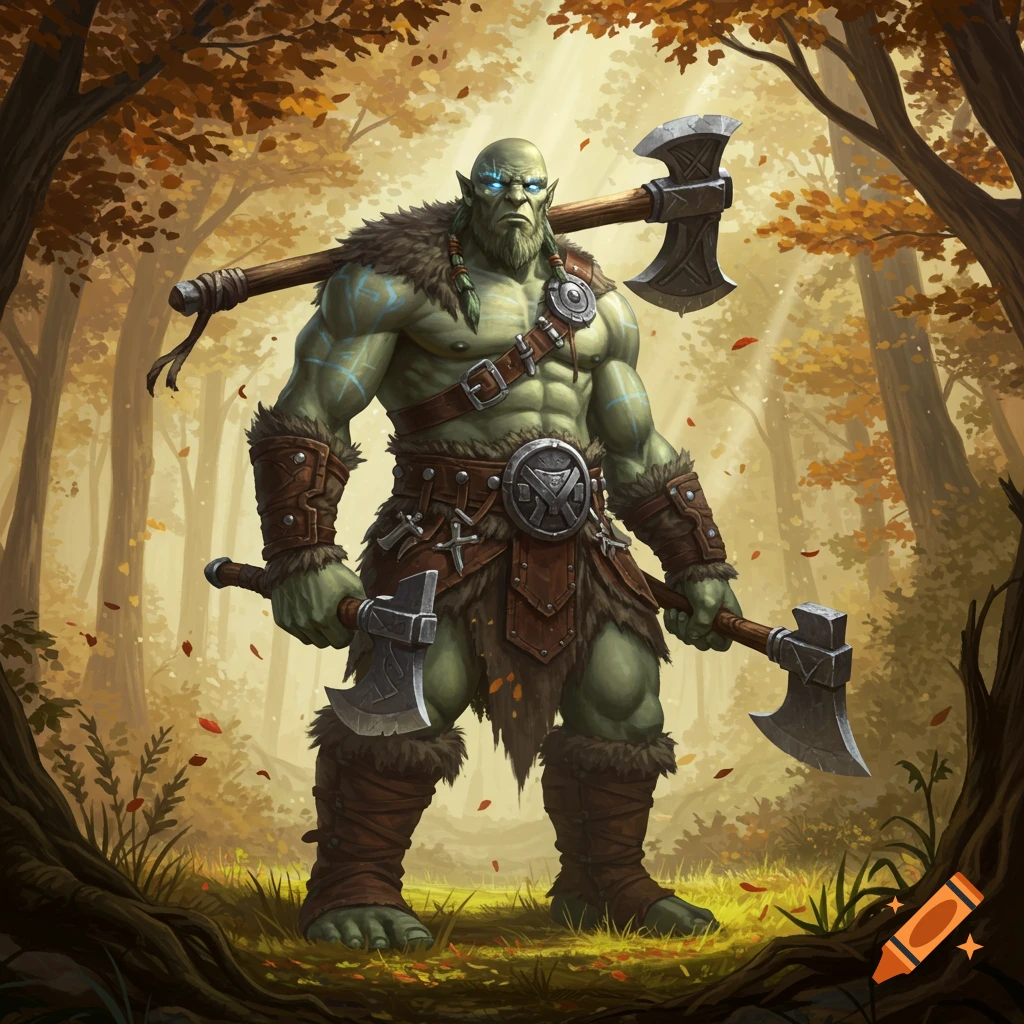 A hulking, green-skinned goliath warrior with blue eyes stands in an autumn forest, holding hatchets and a greataxe.
