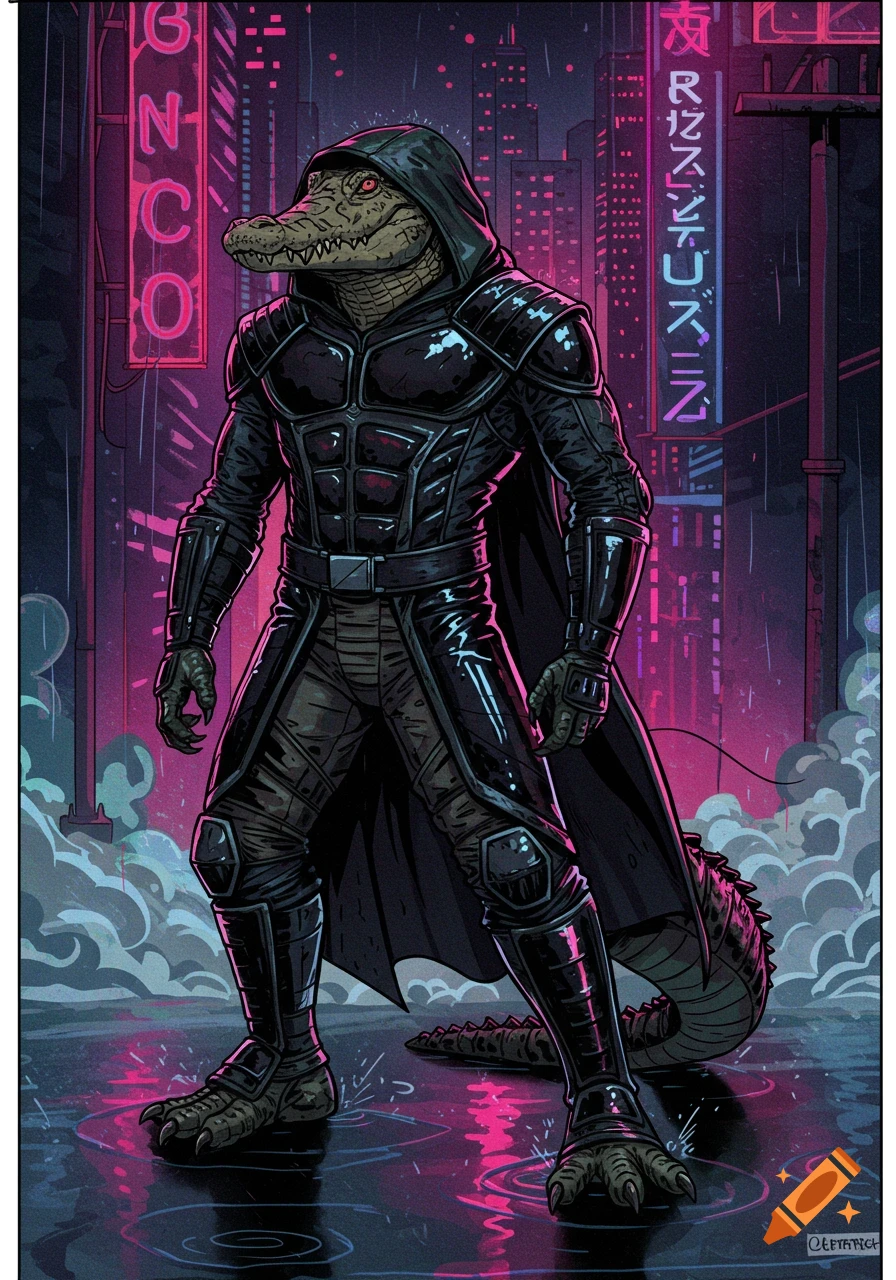 An anthropomorphic alligator in a hooded, dark armored suit stands in a rainy, neon-lit cyberpunk city, comic book style.