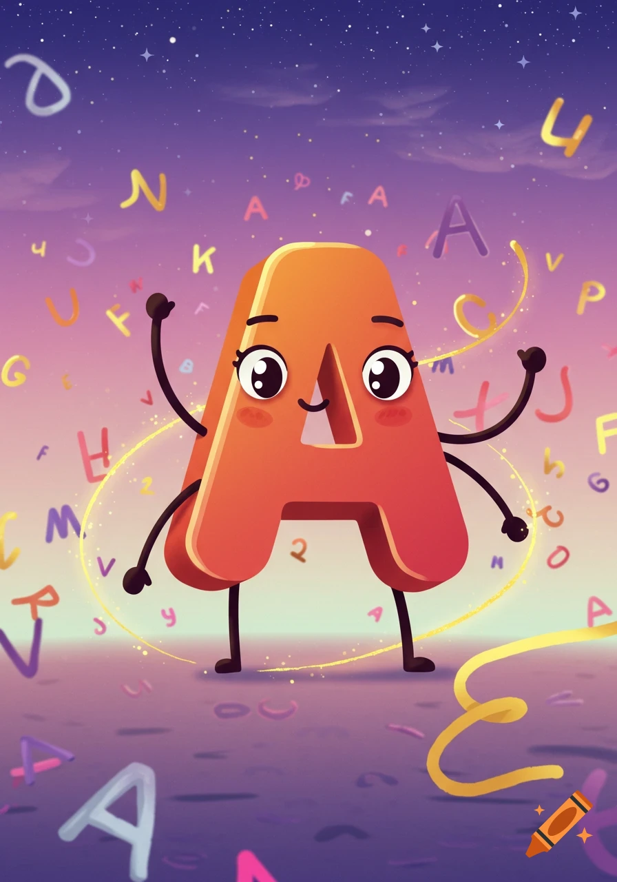 A cute, smiling, orange cartoon letter A with arms and legs stands in a magical purple sky filled with sparkling stars and colorful letters.