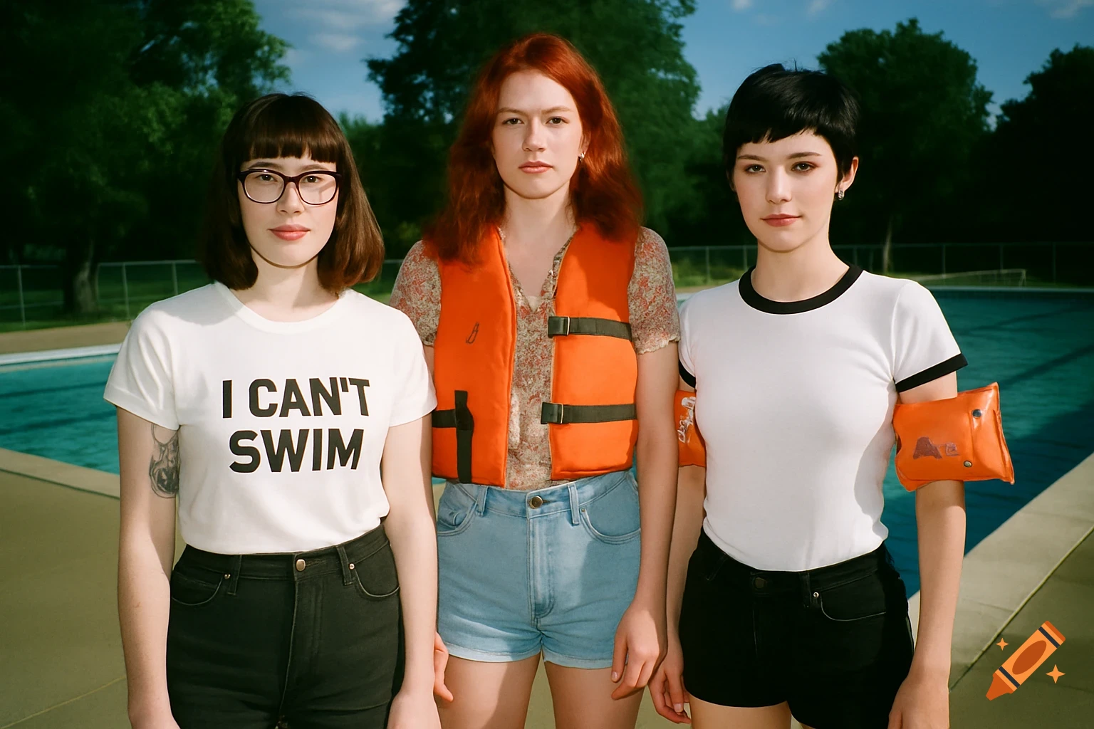 Three young women pose by a pool. One has glasses and an 'I CAN'T SWIM' shirt, another a life jacket, the third arm floaties.