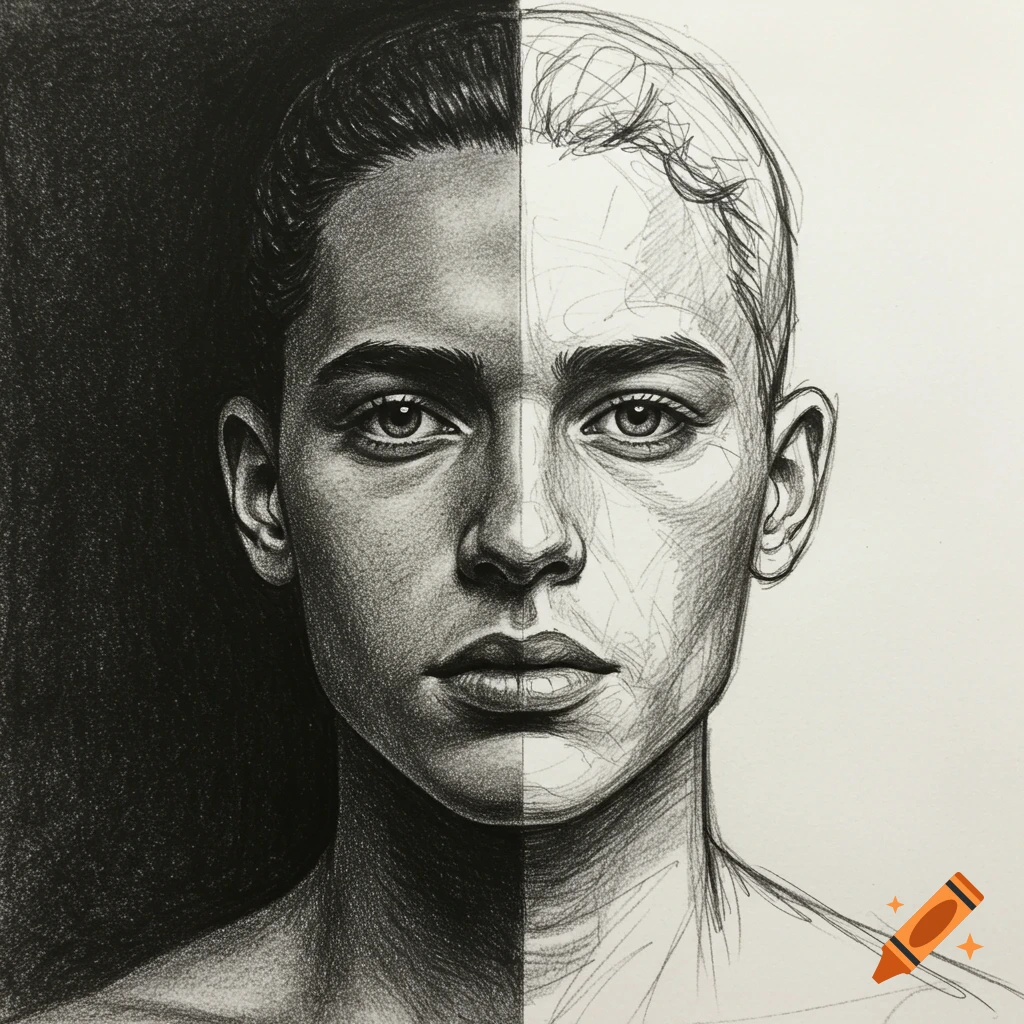 High-contrast charcoal drawing of a person's face, detailed on one side and a rough sketch on the other.