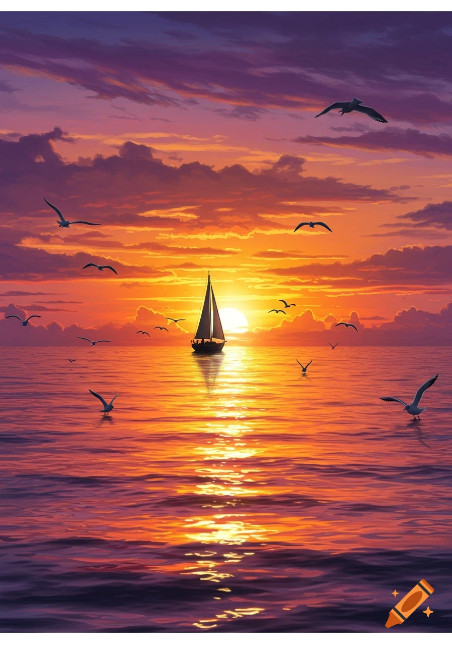 A vibrant digital painting of a sailboat at sunset on calm water, with birds flying and the sky awash in orange, purple, and yellow hues.