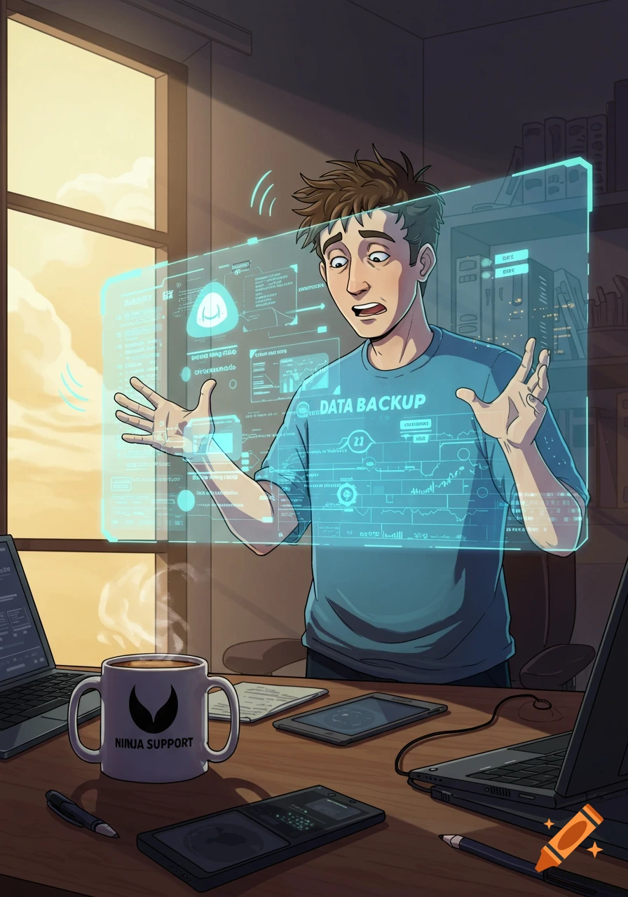 A man in a cartoon style, looking stressed, stands in front of a glowing holographic screen displaying data about backups. He is at a desk with laptops and a 'Ninja Support' coffee mug.