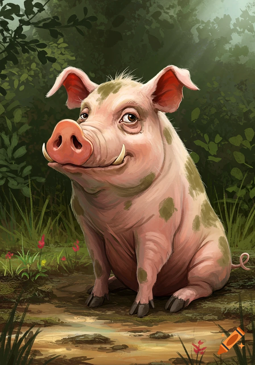 A stylized, spotted pig with small tusks and a smirk sits on muddy ground in a lush green forest.