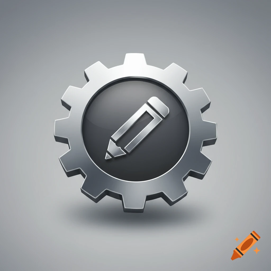A 3D metallic icon featuring a gear with a sleek silver pencil symbol in its dark gray center, on a gradient gray background.