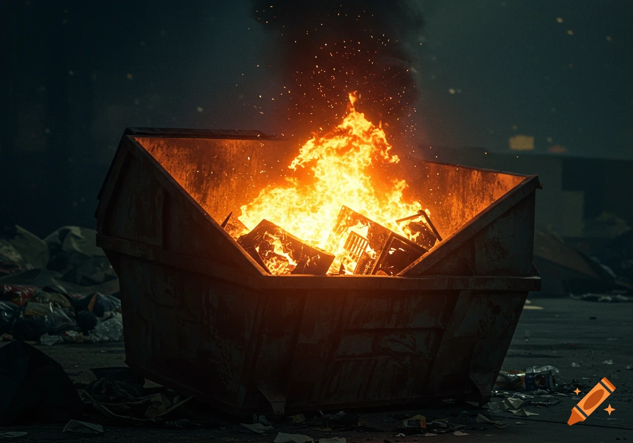 Photorealistic image of a large dumpster fire burning brightly in a dark, trash-strewn urban alley.