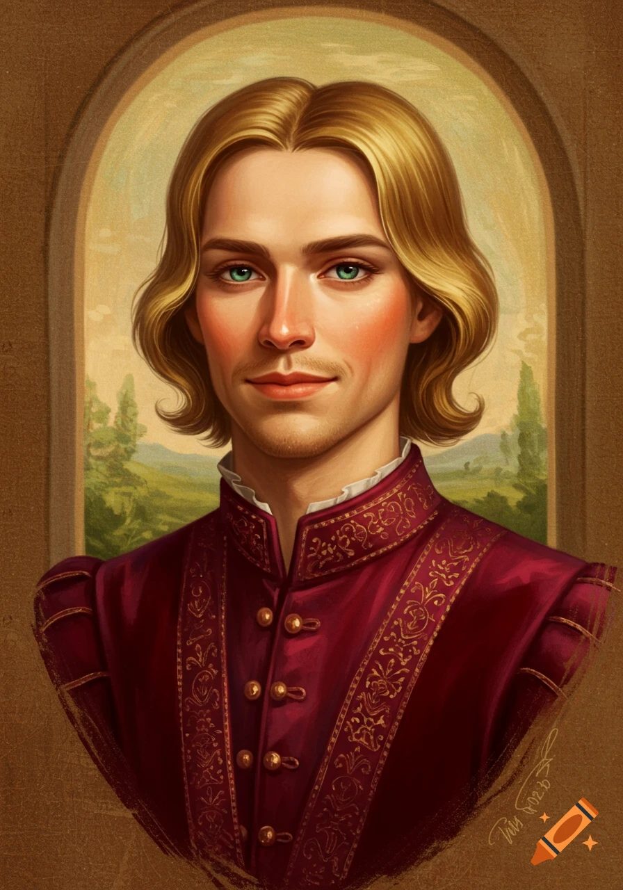 Renaissance painting of a young man with blond hair and blue eyes, wearing a red period tunic, looking forward.