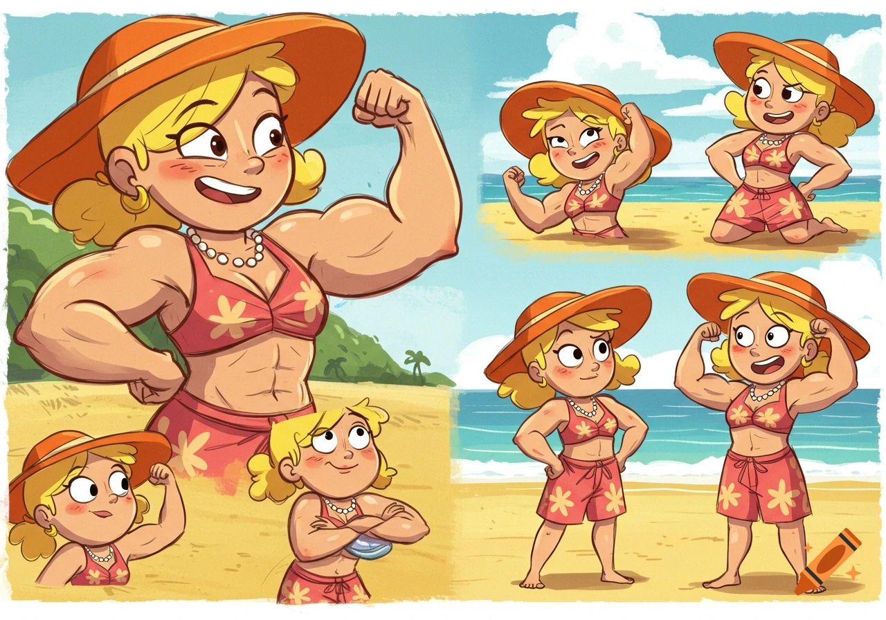 A cartoon model sheet of a muscular blonde woman in an orange sun hat and pink bikini top, flexing at the beach.