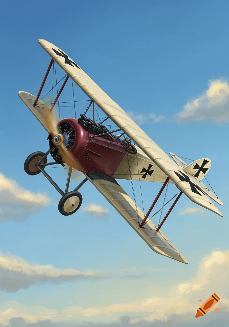 An antique red and cream biplane with black crosses on its wings soars through a blue sky with scattered clouds.