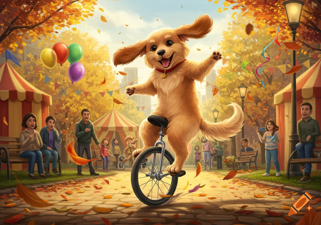 A happy, fluffy brown puppy on a unicycle performs in an autumn park filled with falling leaves, carnival tents, balloons, and smiling people.
