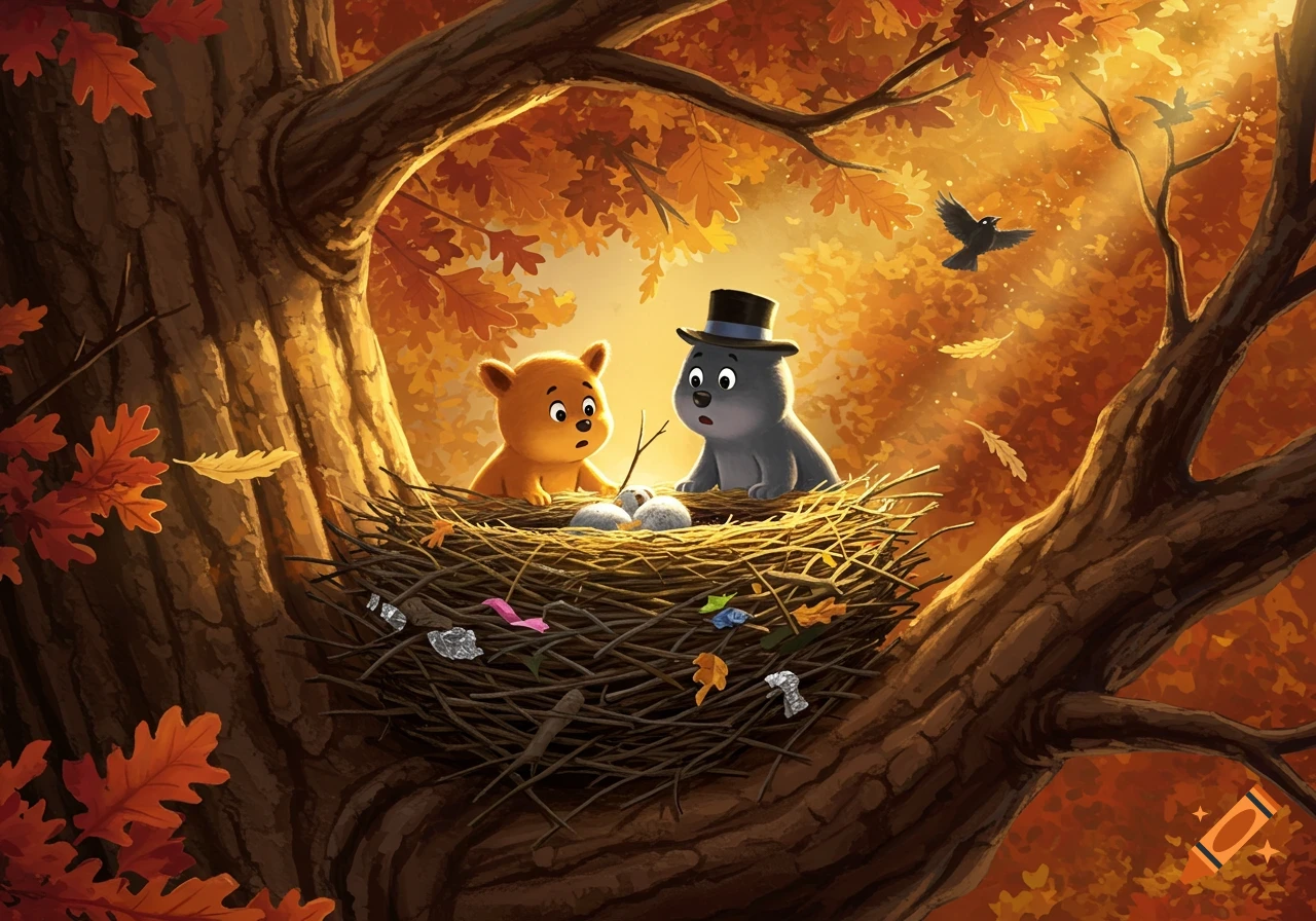 Two cartoon bear-like animals in a large nest with eggs in an autumn tree, bright lighting.
