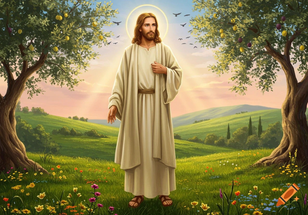 Jesus with a halo stands in a vibrant green field with wildflowers and fruit trees under a bright sky with birds.