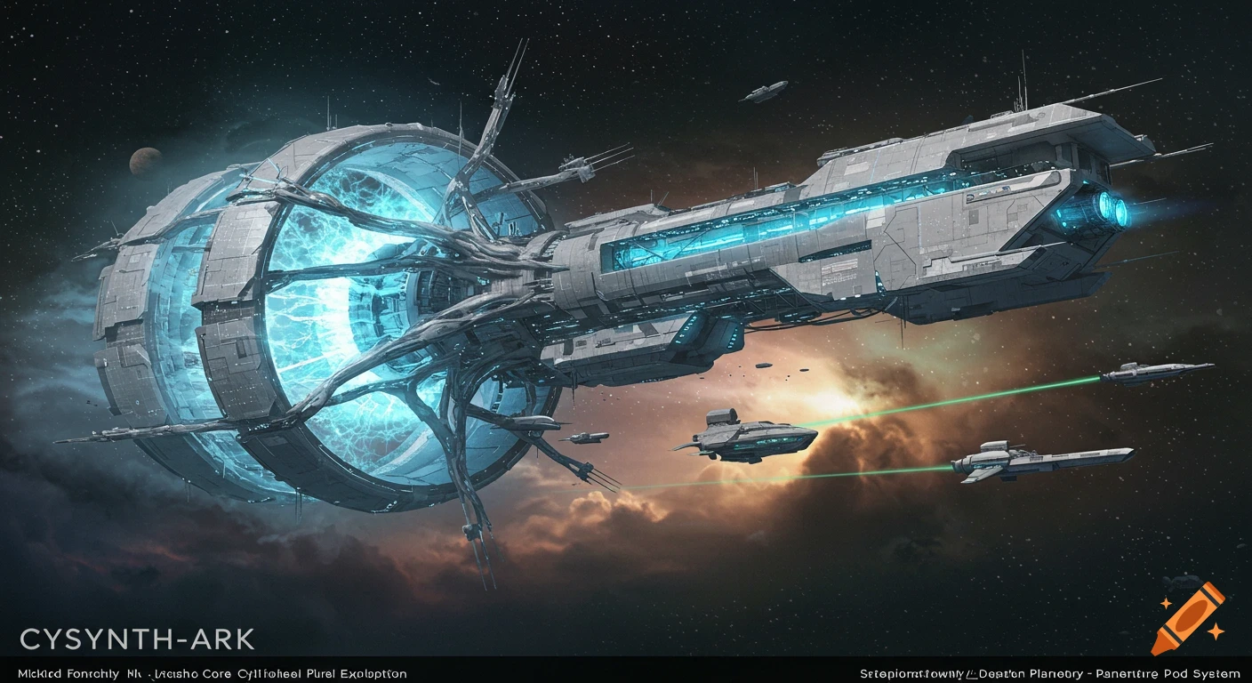 A massive futuristic spaceship with a glowing blue core and multiple docked smaller ships, against a backdrop of stars and nebulae.