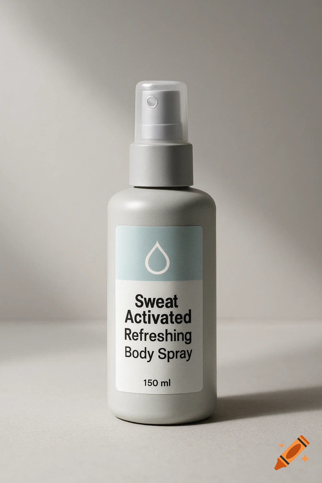 An ultra-realistic photo of a light gray matte cosmetic spray bottle with a clear cap, labeled 'Sweat Activated Refreshing Body Spray 150 ml' with a blue water droplet icon.
