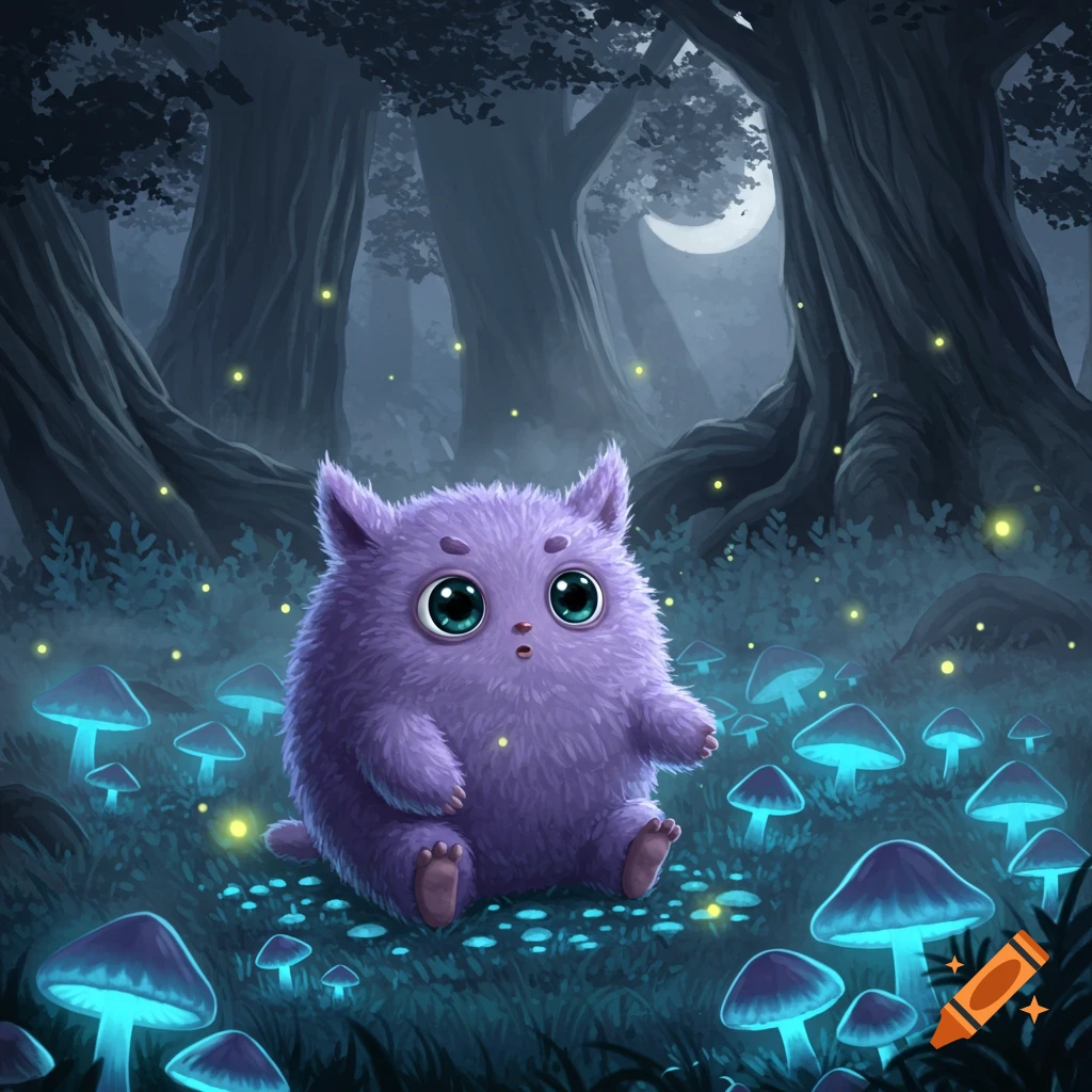 A fluffy purple creature with big green eyes sits in a dark, magical forest with glowing blue mushrooms and fireflies under a crescent moon.