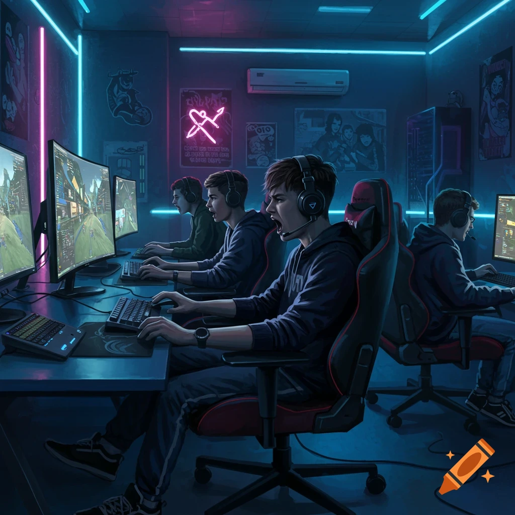 Four young men wearing headsets intensely play video games in a dark, neon-lit room with multiple monitors and gaming chairs.