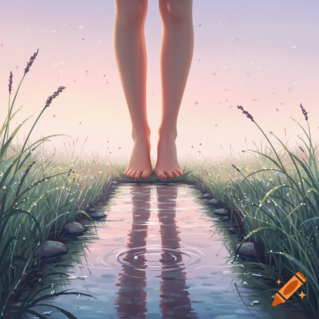 Illustrated bare feet and lower legs reflected in a stream surrounded by dewy grass under a pastel sky.