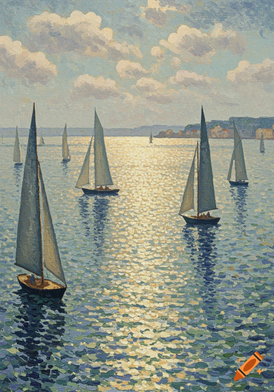 Pointillistic painting of sailboats on a shimmering sea under a cloudy sky with a distant coastline.
