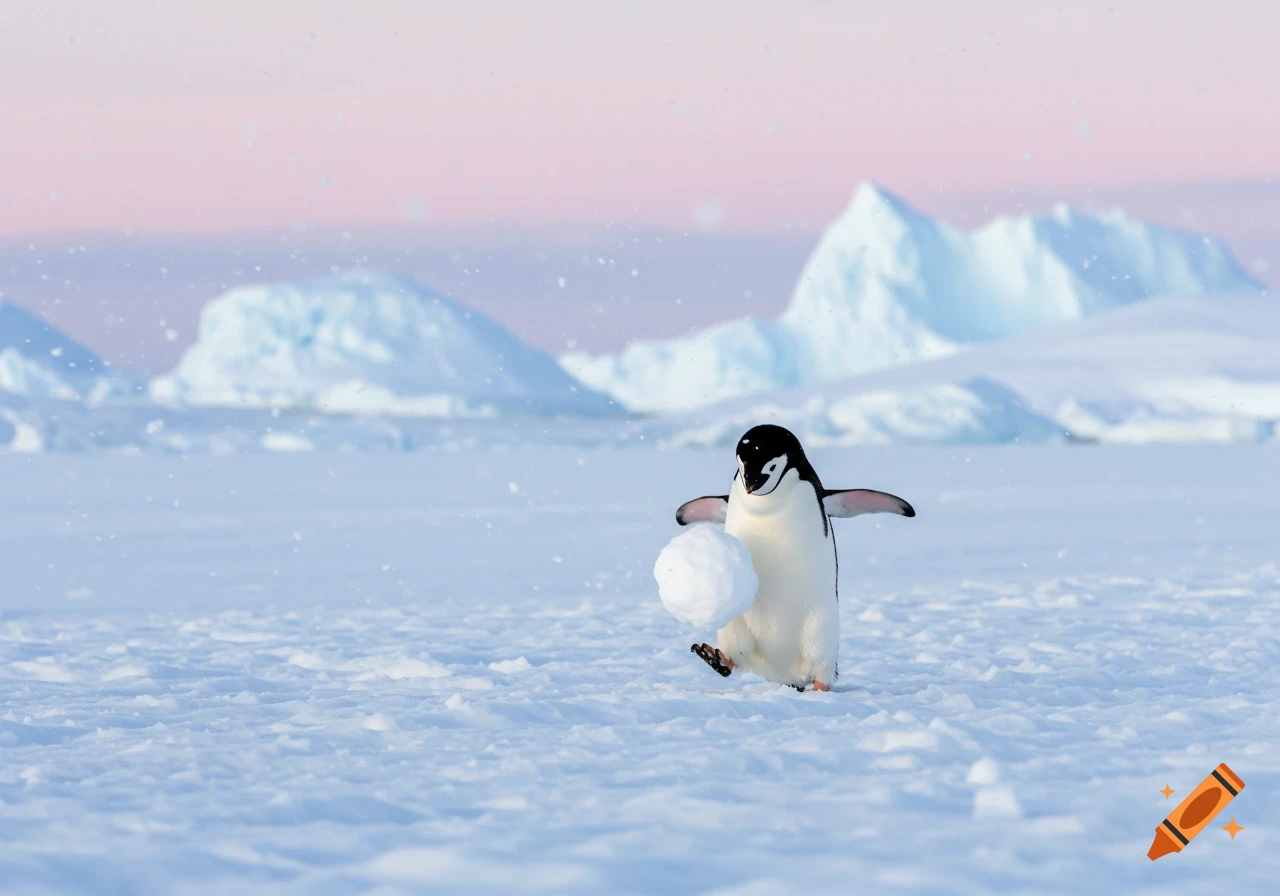 A photorealistic penguin stands in a snowy arctic landscape, kicking a snowball with its foot. Icebergs are in the background under a pink and blue sky.
