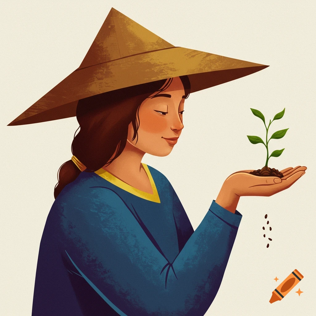 Illustrated woman in a conical hat holding a small green plant and falling seeds in her hand. Modern, textured style.
