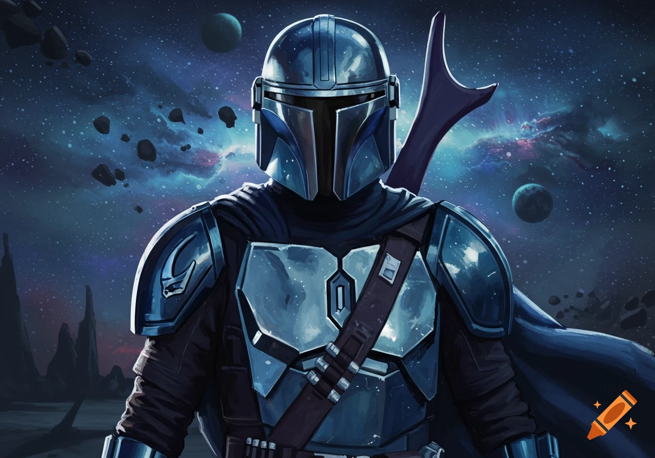 A Mandalorian warrior in metallic blue armor and helmet, with a cape, against a cosmic backdrop with planets and nebulae.