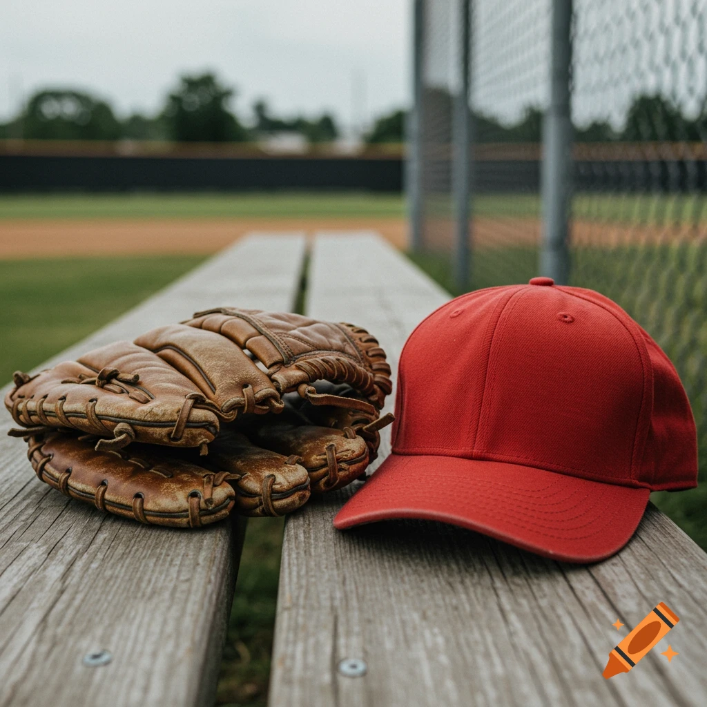 An old leather baseball glove and a red baseball cap rest on a wooden bench at a baseball field.