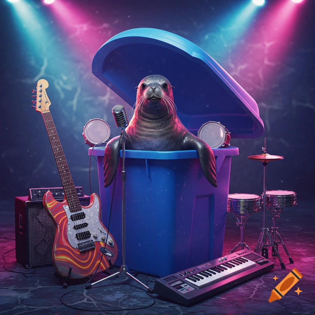 A photorealistic seal sits in a blue trash bin, holding a microphone on a stage with an electric guitar, drums, and a keyboard, under pink and blue spotlights.