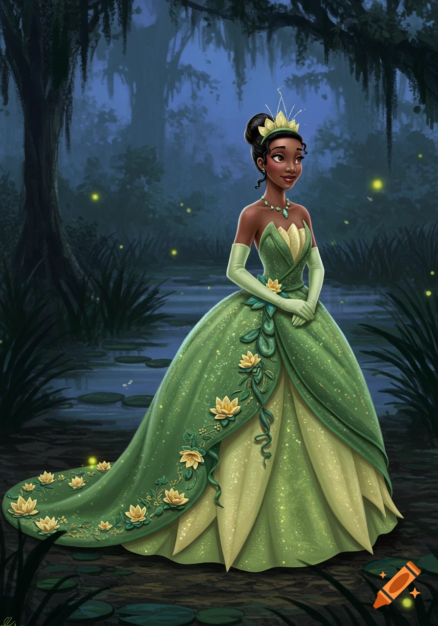 Princess Tiana in a sparkling green gown with yellow water lily details, standing in a moonlit bayou with glowing fireflies.