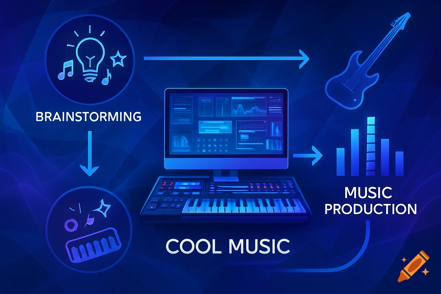 A blue diagram illustrating the music production process, showing brainstorming, a computer with synthesizer, and final music production icons.