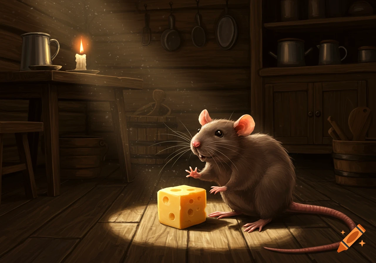 A brown rat looks at a glowing cheese cube in a rustic wooden room, lit by a candle. Digital illustration.