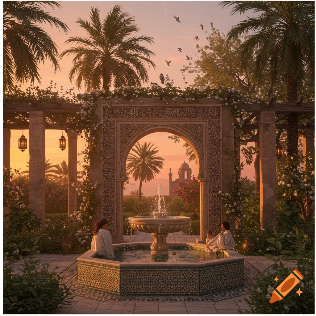 Ornate garden courtyard with a fountain and archway, framed by palm trees at sunset, with two people by the water.